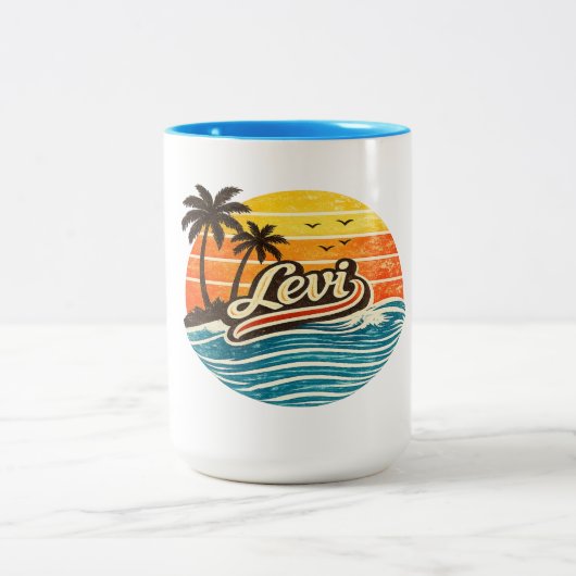 Levi Retro Sunset Name Design Zweifarbige Tasse (Mittel)