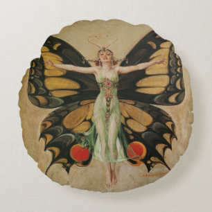 Leyendecker Butterfly Girl Vintage Art Deco Rundes Kissen