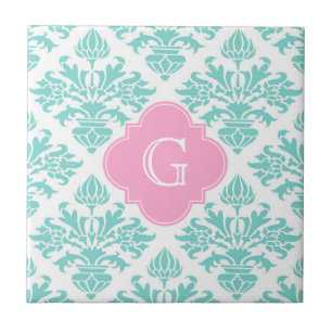 Lg Aqua Floral Damask #3 Rosa Vierpass-Monogramm Fliese