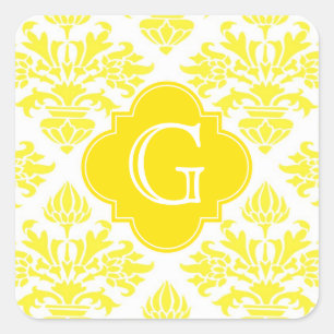 Lg Gelb Damast Gelb Vierblatt Monogramm Quadratischer Aufkleber