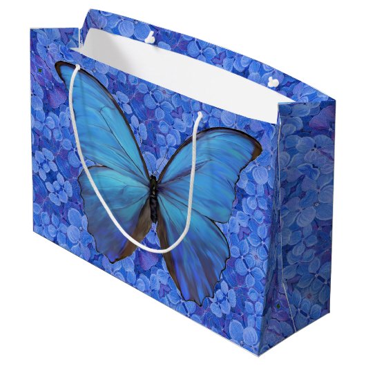 Lg Gift Bag Blue Morpho on Hydrangea Große Geschenktüte (Rückseite Schrägansicht)