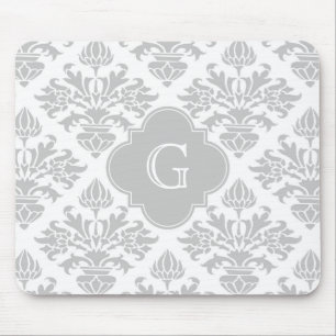 Lg Grau Weiß Florales Damast #3 Grau Monogramm Eti Mousepad