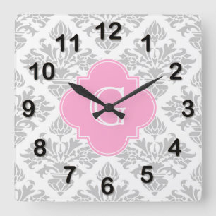 Lg Grau Weiß Florales Damast #3 Rosa Monogramm Eti Quadratische Wanduhr