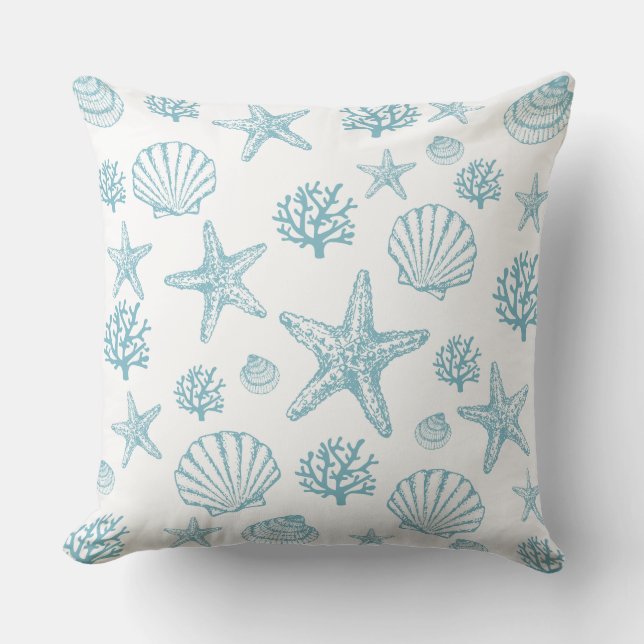 Lg Throw Kissen Aquamarin Seashell Starfish Beachy (Vorderseite)