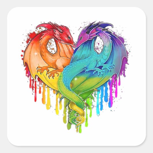 Lgbt Dragon Heart Rainbow Heart Dragon Lgbt Pride Quadratischer Aufkleber (Vorderseite)