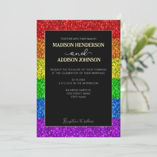 LGBT-Fahne Regenbogen-Glitzern Einladung (Stehend Vorderseite)