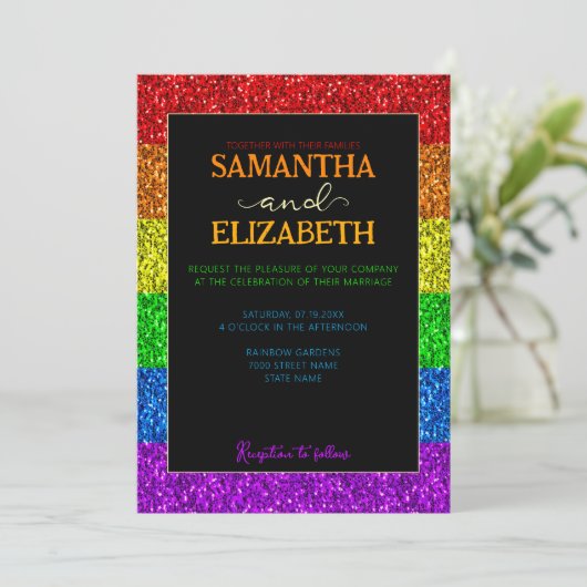 LGBT-Fahne Regenbogen-Glitzern Einladung (Stehend Vorderseite)