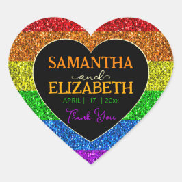 LGBT Fahne Regenbogen Glitzern Hochzeit Danke Herz-Aufkleber