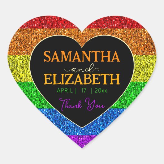 LGBT Fahne Regenbogen Glitzern Hochzeit Danke Herz-Aufkleber (Vorderseite)