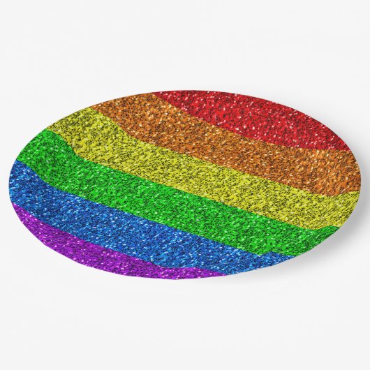 LGBT-Fahne Regenbogen-Glitzern Pappteller (Schrägansicht)
