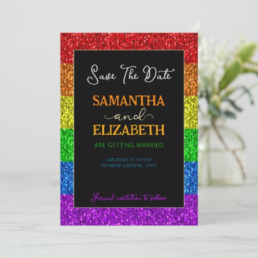 LGBT-Fahne Regenbogen-Glitzern Save The Date (Stehend Vorderseite)