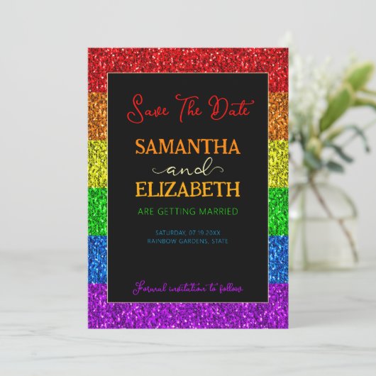 LGBT-Fahne Regenbogen-Glitzern Save The Date (Stehend Vorderseite)