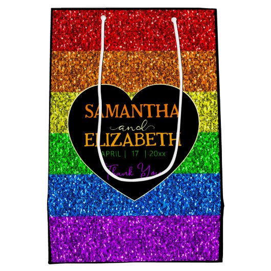 LGBT Flag Regenbogen Glitzern Hochzeit Danke Mittlere Geschenktüte (Rückseite)