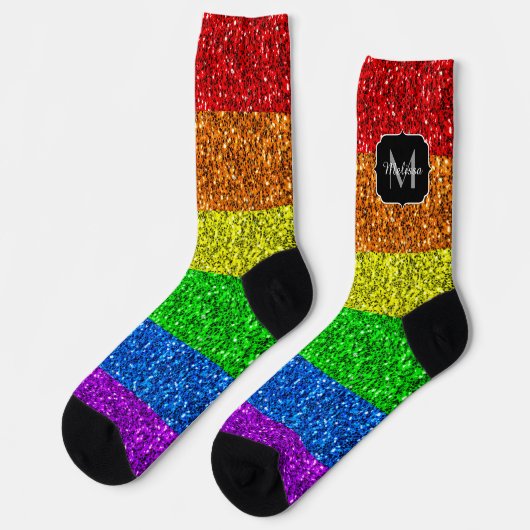 LGBT-Flagge lebhafter Regenbogen-Glitzer Funkeln M Socken (Linkes Detail)
