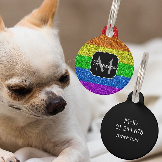 LGBT-Flagge lebhafter Regenbogen-Glitzer Funkeln M Tiermarke (LGBT flag sparkle Monogram Pet Name Dog Tag. Personalize with your dog custom initial and name. )