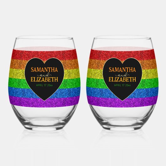 LGBT-Flagge Regenbogen-Glitzern Herzenhochzeit Weinglas Ohne Stiel (Rückseite)