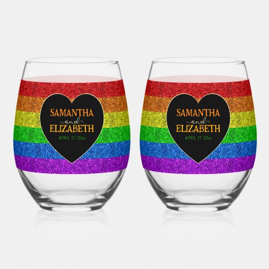 LGBT-Flagge Regenbogen-Glitzern Herzenhochzeit Weinglas Ohne Stiel (Vorderseite)