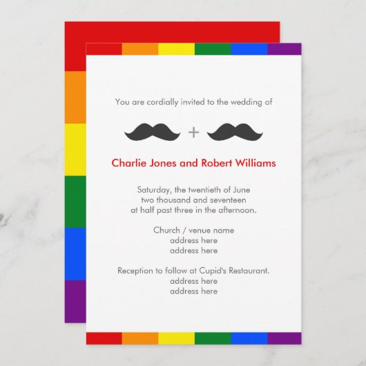 LGBT Gay Wedding Mustaches Rainbow Einladung (Vorne/Hinten)