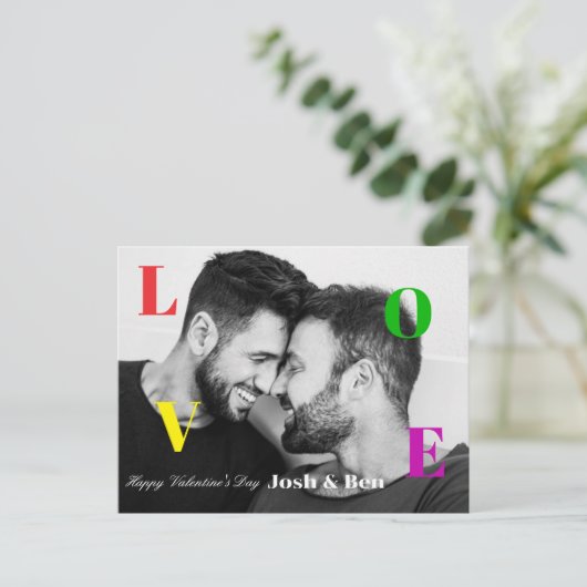 LGBT Happy Valentine's Day Custom Foto Monogram Postkarte (Stehend Vorderseite)