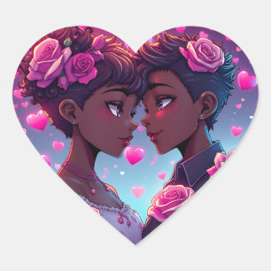 LGBT-Liebe   Afroamerikanisches Anime Couple Herz-Aufkleber