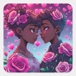 LGBT-Liebe Afroamerikanisches Anime Couple Quadratischer Aufkleber