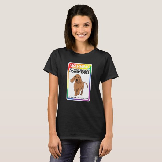 Lgbt Rainbow Warning Dackel Bites Homophobes T-Shirt (Vorne ganz)