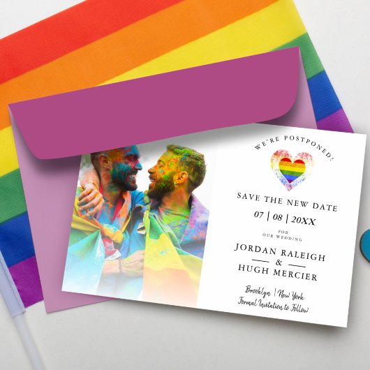 LGBT-Regenbogenherz Rett Neuer Termin auf Hochzeit Postkarte