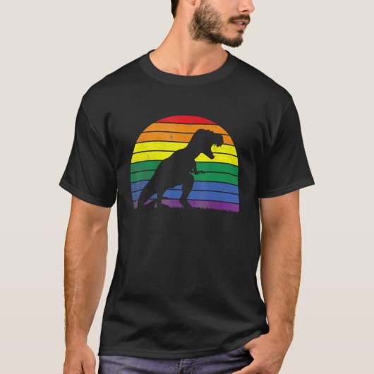 LGBT Rex Gay Pride Lesbian Dinosaur Sunset Retro V T-Shirt (Vorderseite)