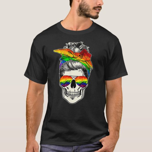 LGBT Skull Messy Bun Rainbow LGBTQ Gay Pride LGBT T-Shirt (Vorderseite)