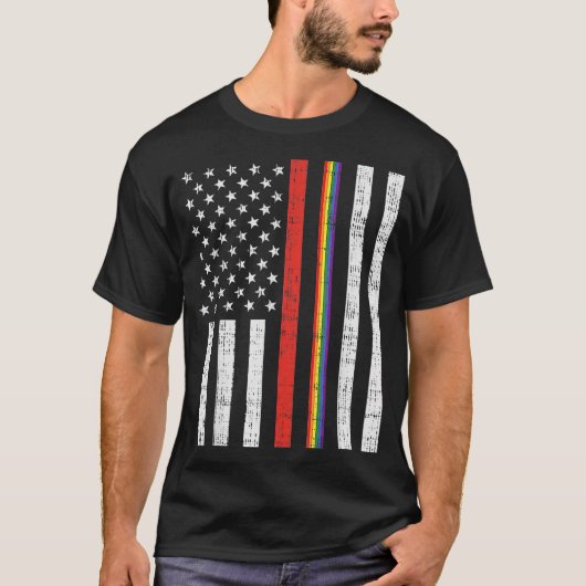 LGBT Thin Red Line Rainbow America Flag Gay Firefi T-Shirt (Vorderseite)