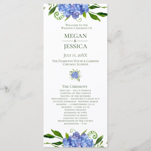 LGBTQ Blaue Hortensien Florales Hochzeitsprogramm Programm (Vorderseite)