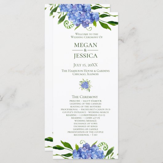 LGBTQ Blue Hydrangeas Floral Wedding Program Programm (Vorne/Hinten)