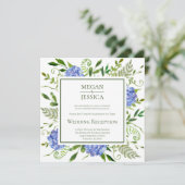 LGBTQ Blue Hydrangeas Floral Wedding Reception Einladung (Stehend Vorderseite)