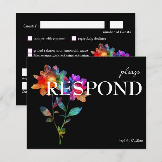 🌈 LGBTQ Budget with menu  Petals & Pride  RSVP Karte (Vorne/Hinten)