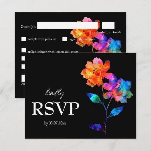 🌈 LGBTQ Budget with menu  Petals & Pride  RSVP Karte (Vorne/Hinten)