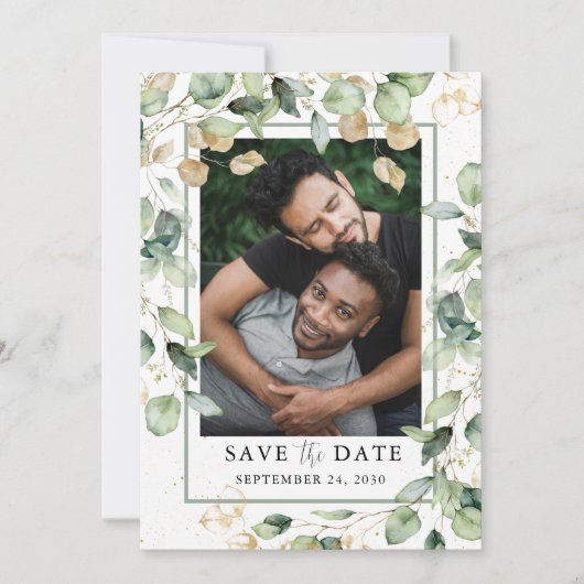 LGBTQ Eucalyptus Gold-Foto Save the Date (Vorderseite)