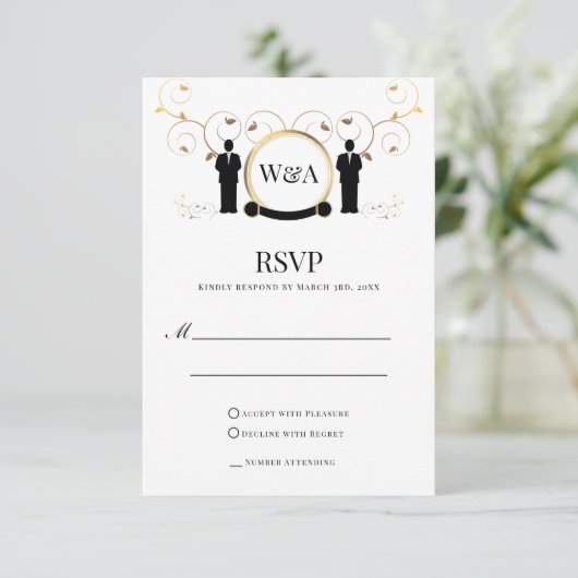 LGBTQ für Male Wedding Gold Monogram RSVP Karte (Stehend Vorderseite)