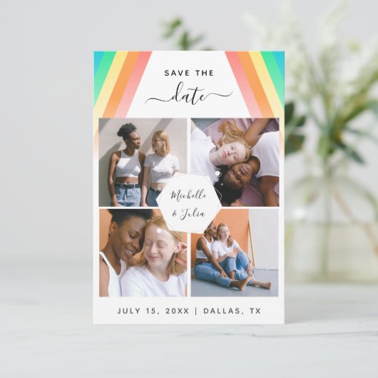 LGBTQ Gay Couple 4 Foto Collage Rainbow Wedding Save The Date (Stehend Vorderseite)