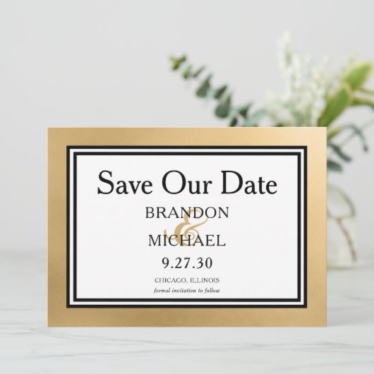 LGBTQ Gold Moderne Hochzeiten sparen das Datum Save The Date (Stehend Vorderseite)