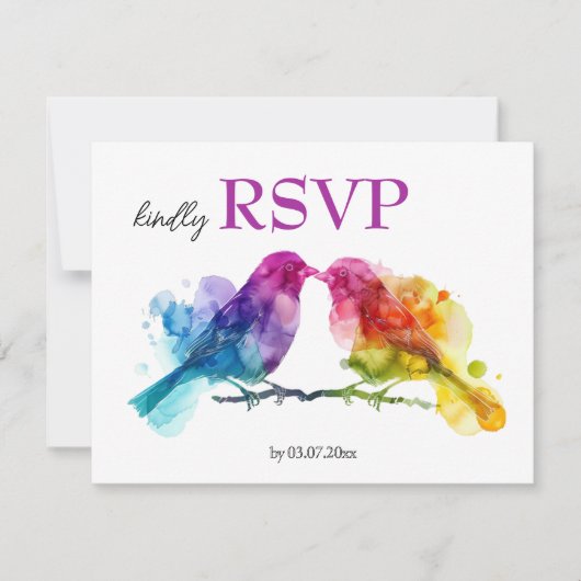 LGBTQ+ mit Menü Rainbow Lovebirds RSVP Karte (Vorderseite)