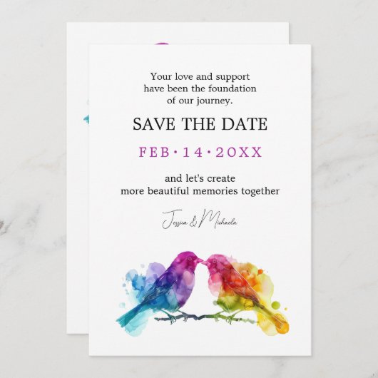 LGBTQ+ mit QR-Code Rainbow Lovebirds Save The Date (Vorne/Hinten)