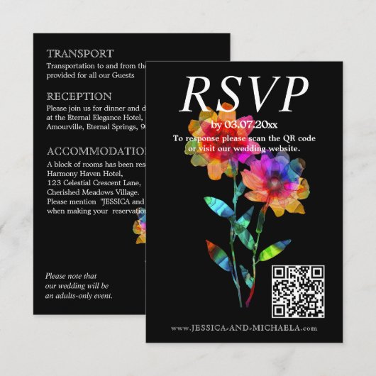 🌈 LGBTQ QR RSVP +Wedding Details Petals & Pride Begleitkarte (Vorne/Hinten)