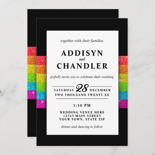 LGBTQ Rainbow Black Chic Modern Wedding Glitzer Einladung (Vorne/Hinten)