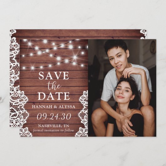 LGBTQ Rustic Lights Foto Save the Date Karte (Vorne/Hinten)