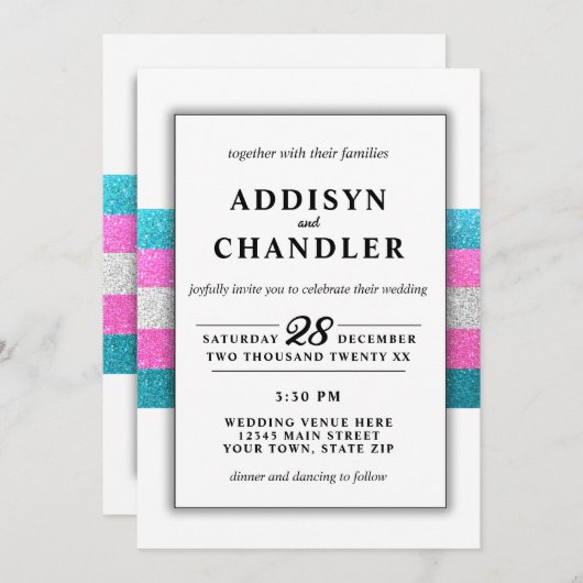 LGBTQ Trans Chic Modern White Wedding Glitzer Einladung (Vorne/Hinten)