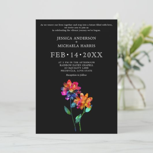 🌈 LGBTQ Vow Bloom Petals & Pride  Einladung (Stehend Vorderseite)