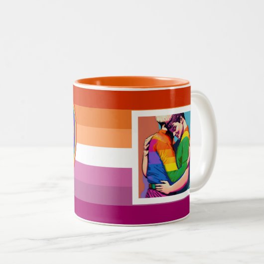 LGBTQAI Lesbische Flagge mit Text Zweifarbige Tasse (VorderseiteRechts)