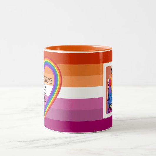 LGBTQAI Lesbische Flagge mit Text Zweifarbige Tasse (Mittel)