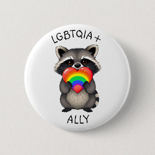 LGBTQIA+ Allegie Raccoon mit Regenbogenherz Button