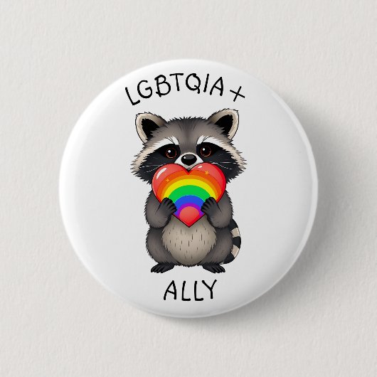 LGBTQIA+ Allegie | Raccoon mit Regenbogenherz Button (Vorderseite)